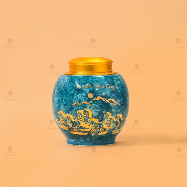 Hũ Đựng Trà Men Lam Mã Đáo Thành Công Vẽ Vàng