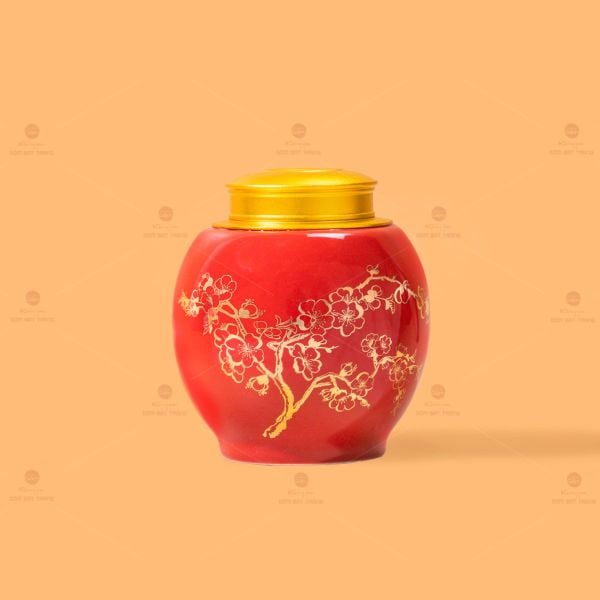 Hũ Đựng Trà Men Đỏ Họa Tiết Hoa Mai Vẽ Vàng