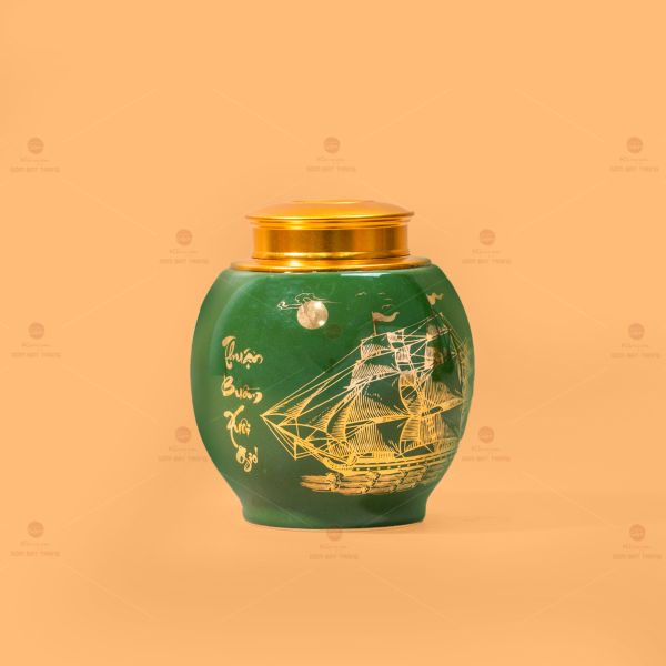 Hũ Đựng Trà Men Xanh Họa Tiết Thuận Buồm Xuôi Gió Vẽ Vàng