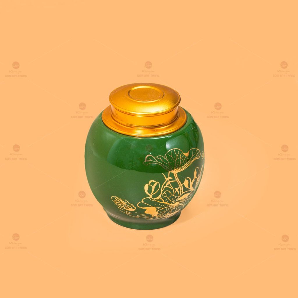 Hũ Đựng Trà Men Xanh Ngọc Họa Tiết Hoa Sen Vẽ Vàng