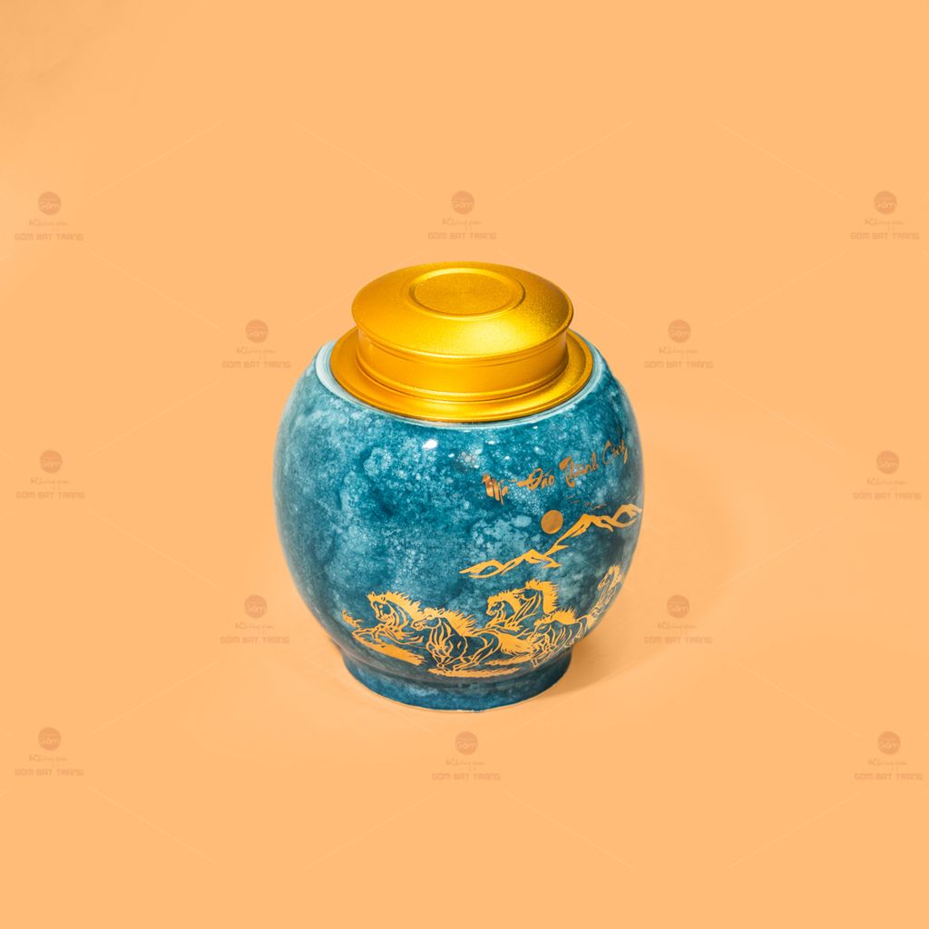 Hũ Đựng Trà Men Lam Mã Đáo Thành Công Vẽ Vàng