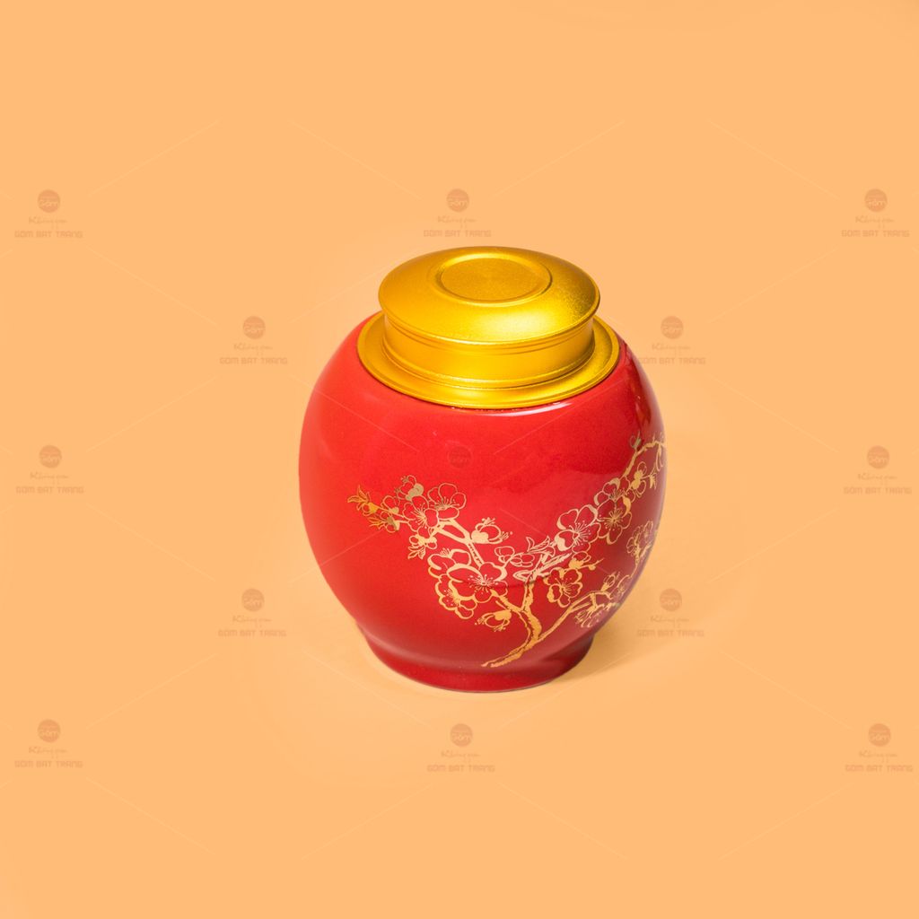Hũ Đựng Trà Men Đỏ Họa Tiết Hoa Mai Vẽ Vàng