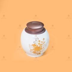 Hũ Đựng Trà Men Trắng Họa Tiết Phù Dung Vẽ Vàng