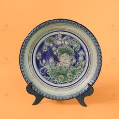 Đĩa Trưng Bày Đắp Nổi Vẽ Màu Hoa Sen Xanh
