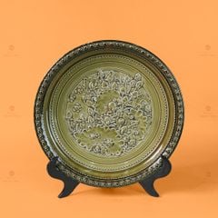 Đĩa Trưng Bày Đắp Nổi Cổ Hoa Sen Xanh