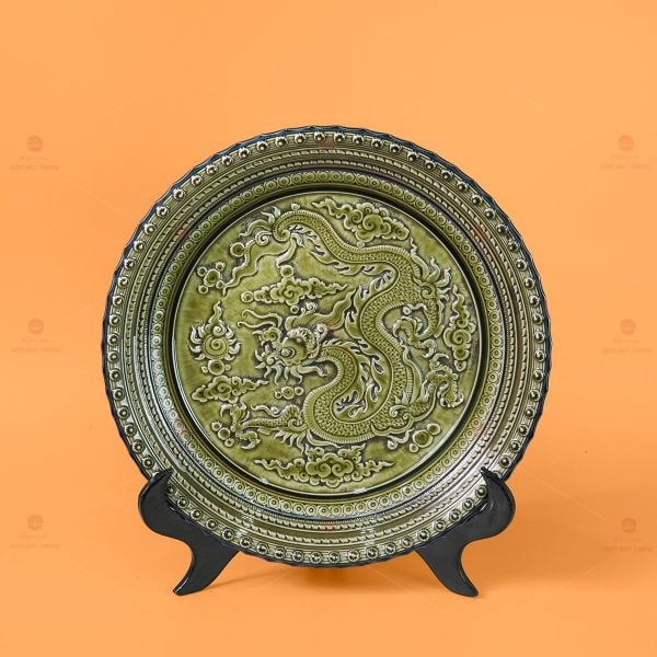 Đĩa Trưng Bày Đắp Nổi Long Cuốn Thủy Xanh