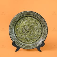 Đĩa Trưng Bày Đắp Nổi Long Cuốn Thủy Xanh