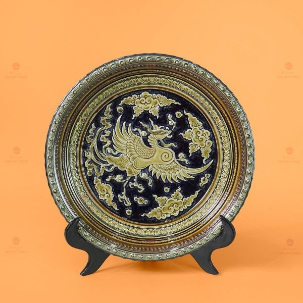 Đĩa Trưng Bày Đắp Nổi Nền Xanh Phượng Hoàng Tung Cánh