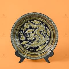 Đĩa Trưng Bày Đắp Nổi Vẽ Màu Nền Xanh Đen Long Cuốn Thủy