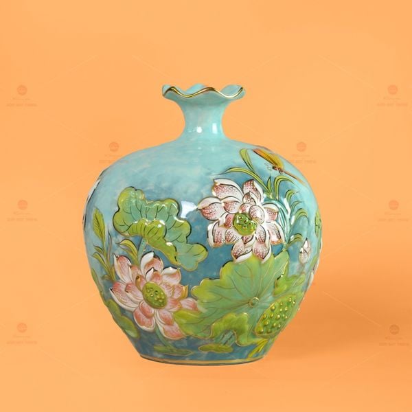 Bình Hút Lộc Miệng Lượn Hoa Sen Vẽ Vàng