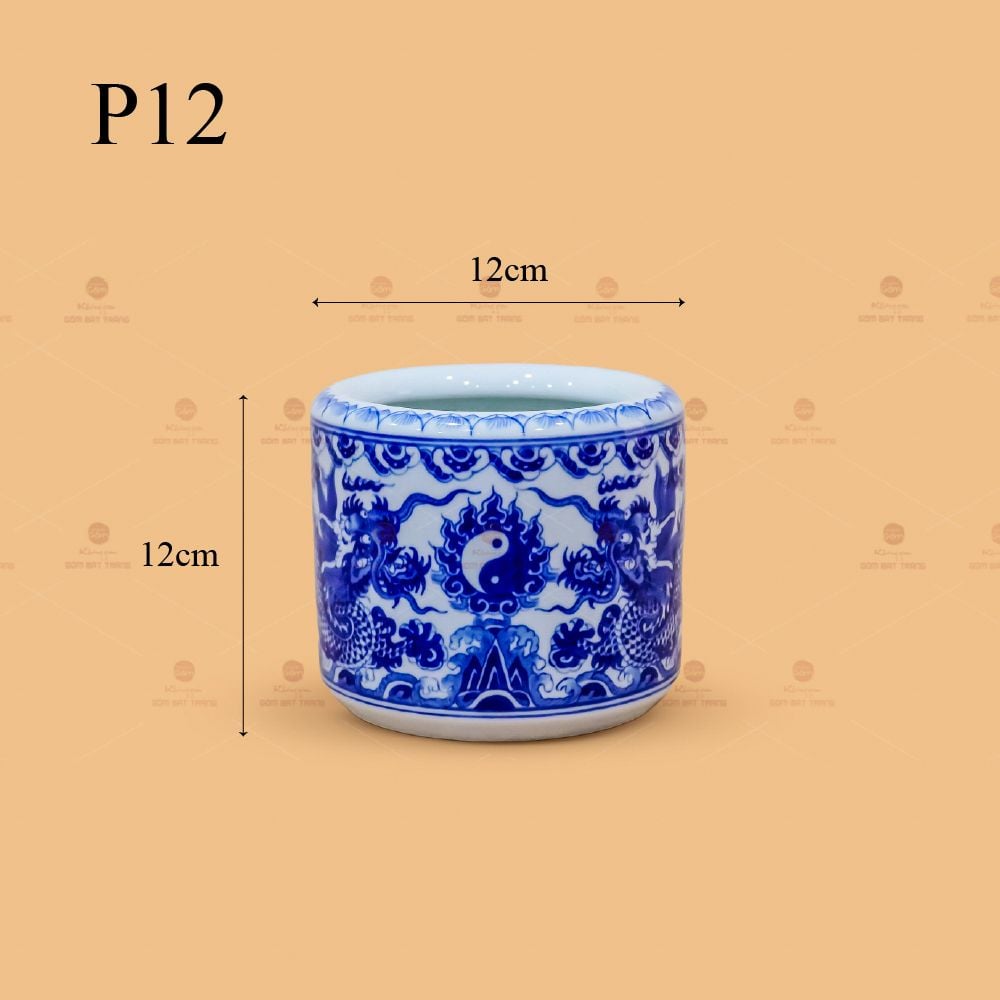 Bát Hương Thờ Men Lam Họa Tiết  Song Long Chầu Nguyệt