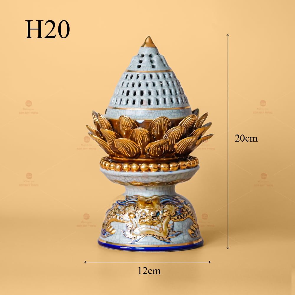 Đốt Trầm Hoa Sen Men Rạn Vẽ Vàng