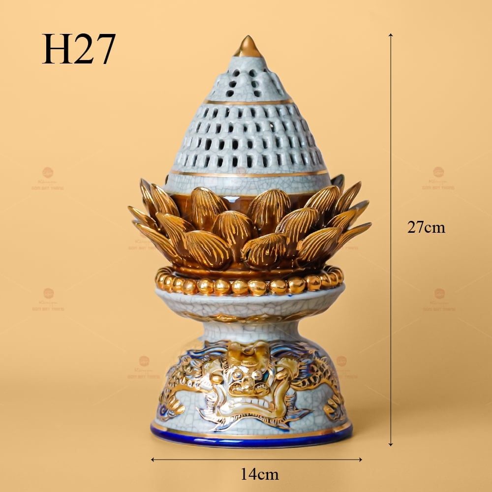 Đốt Trầm Hoa Sen Men Rạn Vẽ Vàng