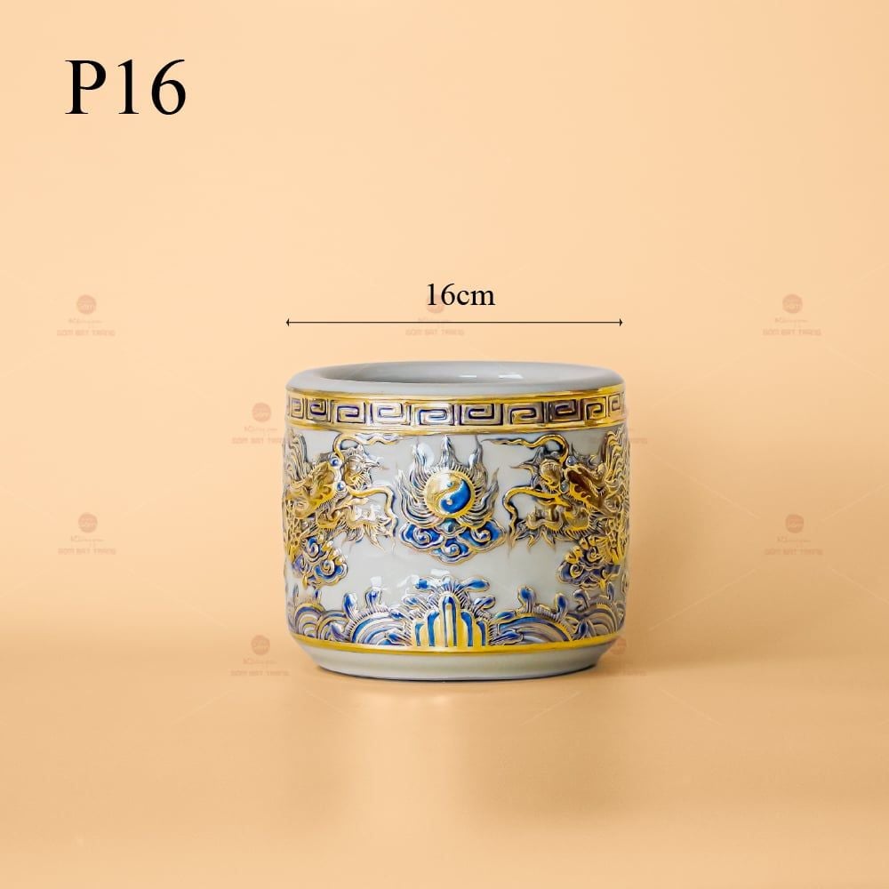 Bát Hương Men Hoàng Tộc Vẽ Vàng Họa Tiết Song Long Chầu Nguyệt
