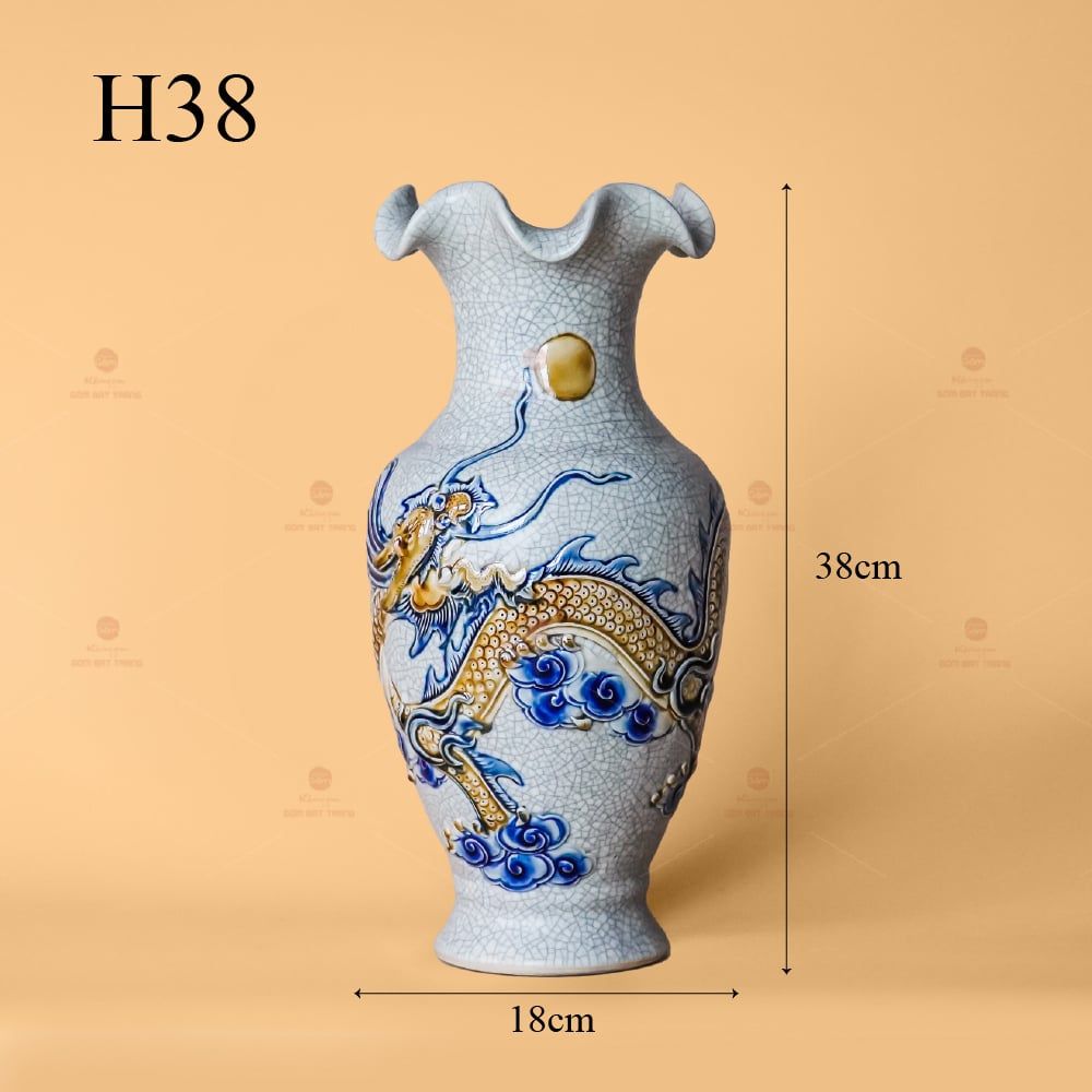 Lọ Hoa Miệng Lượn Men Rạn Nổi Họa Tiết Hồi Long Hướng Nhật