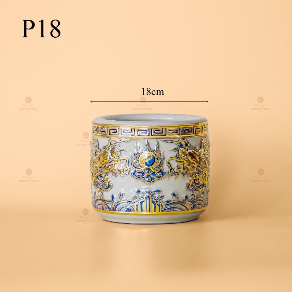 Bát Hương Men Hoàng Tộc Vẽ Vàng Họa Tiết Song Long Chầu Nguyệt