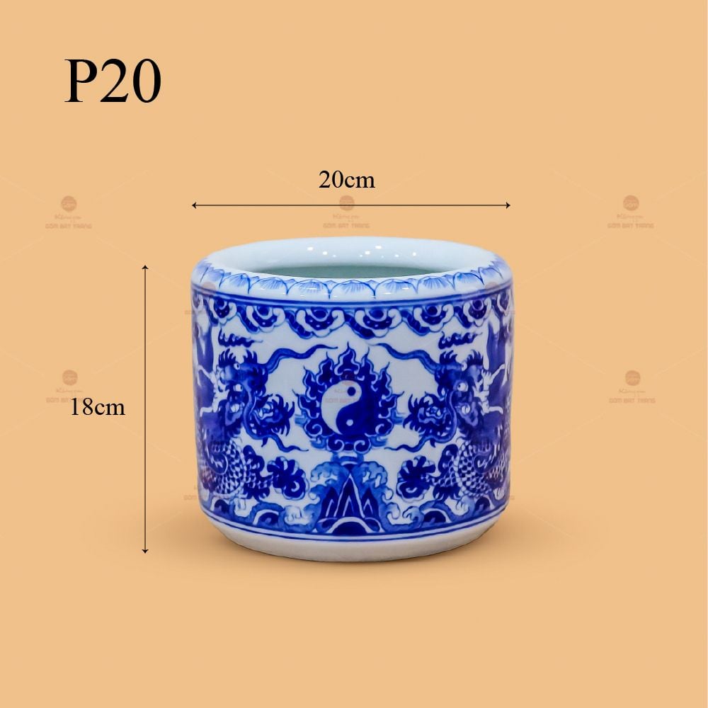 Bát Hương Thờ Men Lam Họa Tiết  Song Long Chầu Nguyệt