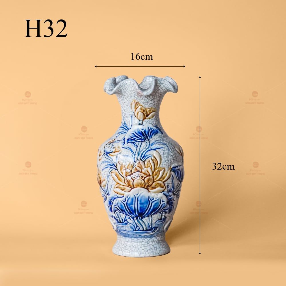 Lọ Hoa Miệng Lượn Men Rạn Nổi Họa Tiết Kim Liên