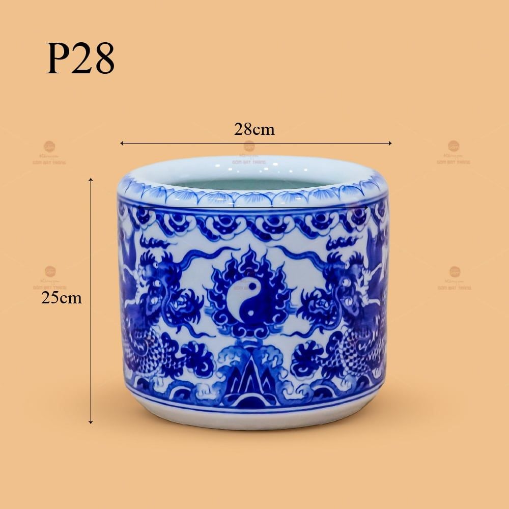 Bát Hương Thờ Men Lam Họa Tiết  Song Long Chầu Nguyệt