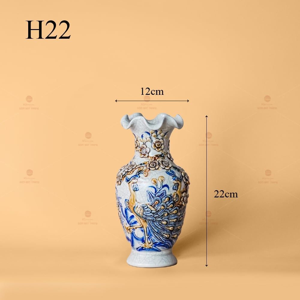 Lọ Hoa Miệng Lượn Men Rạn Nổi Họa Tiết Công Đào