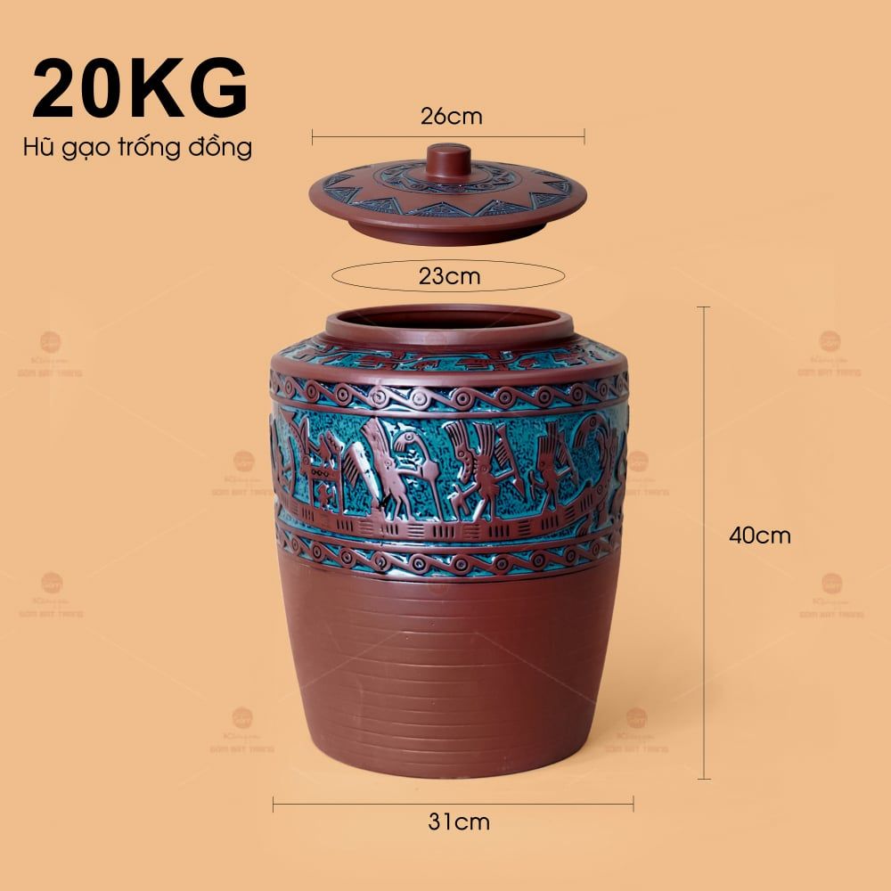 Hũ Gạo Trống Đồng Men Xanh