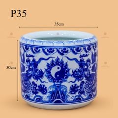 Bát Hương Thờ Men Lam Họa Tiết  Song Long Chầu Nguyệt