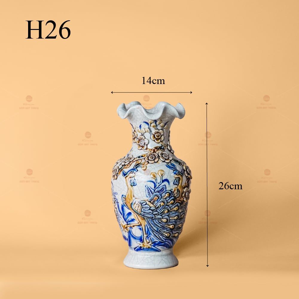 Lọ Hoa Miệng Lượn Men Rạn Nổi Họa Tiết Công Đào