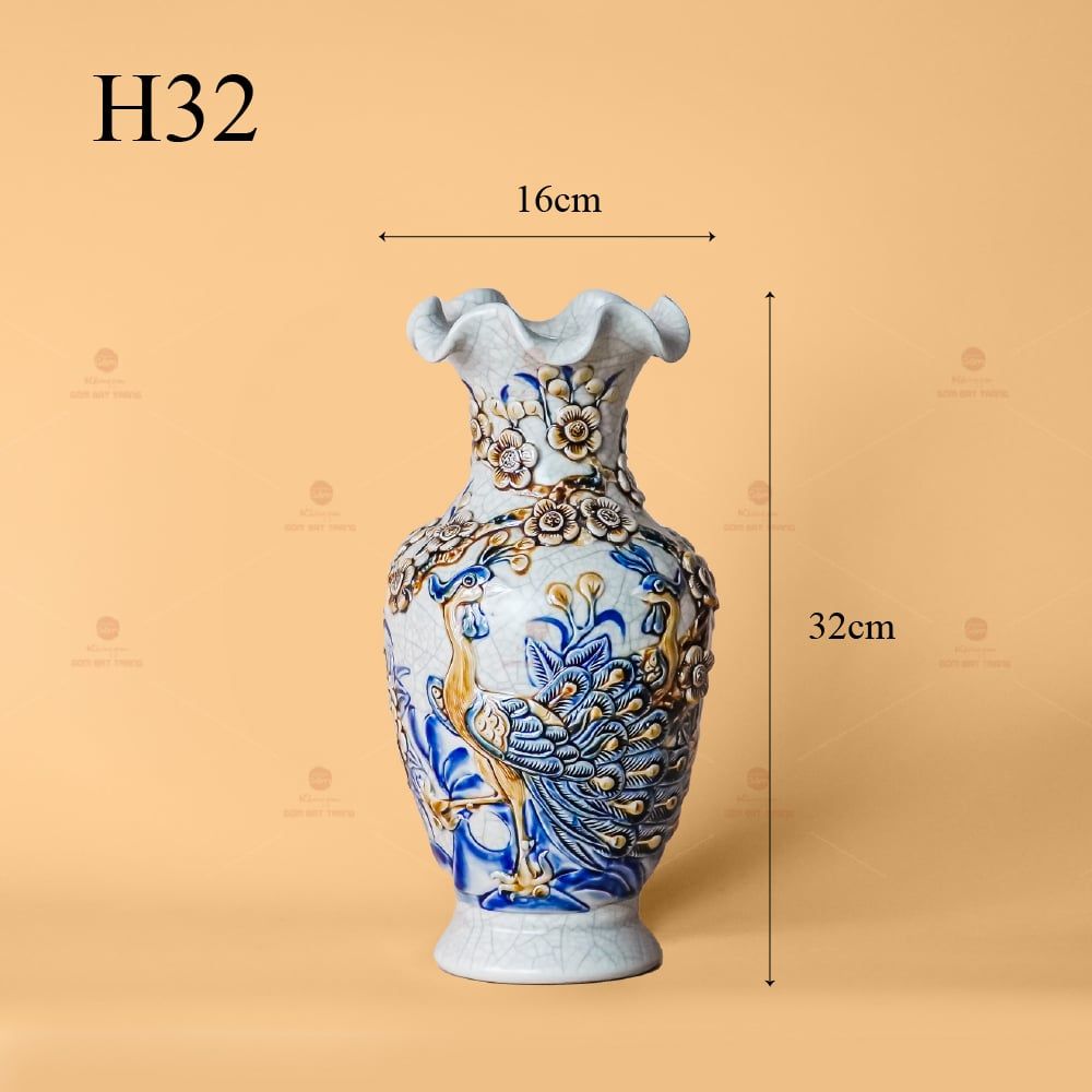 Lọ Hoa Miệng Lượn Men Rạn Nổi Họa Tiết Công Đào