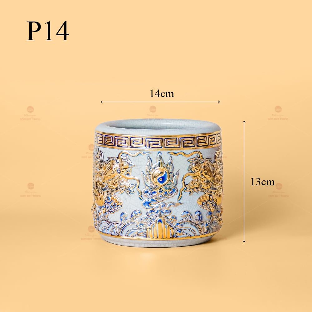Bát Hương Men Rạn Vẽ Vàng Họa Tiết Song Long Chầu Nguyệt