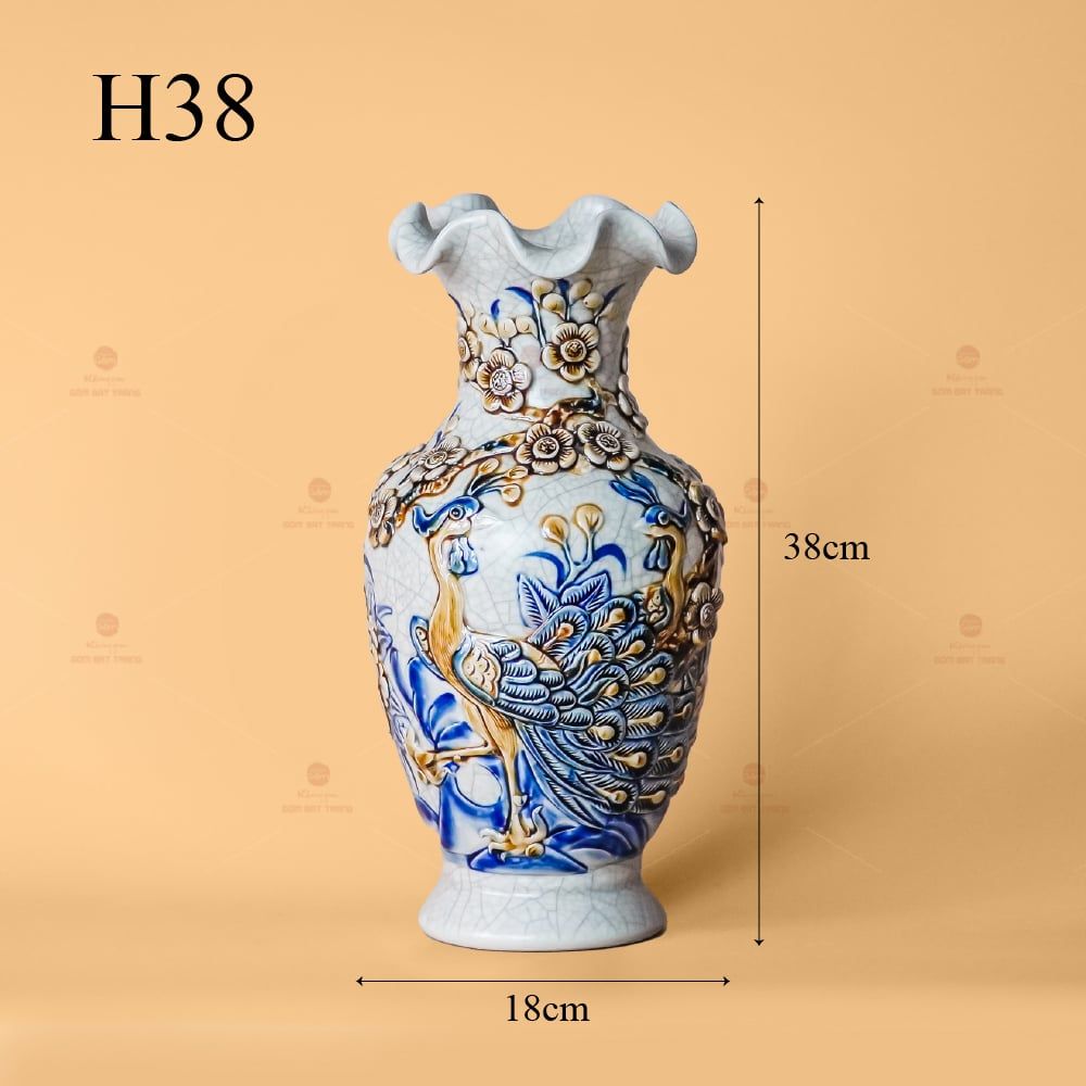 Lọ Hoa Miệng Lượn Men Rạn Nổi Họa Tiết Công Đào