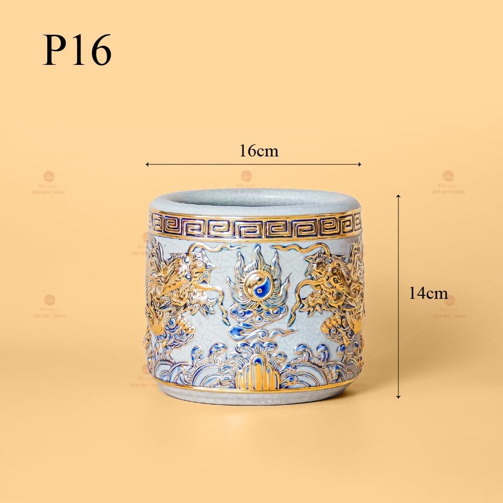 Bát Hương Men Rạn Vẽ Vàng Họa Tiết Song Long Chầu Nguyệt