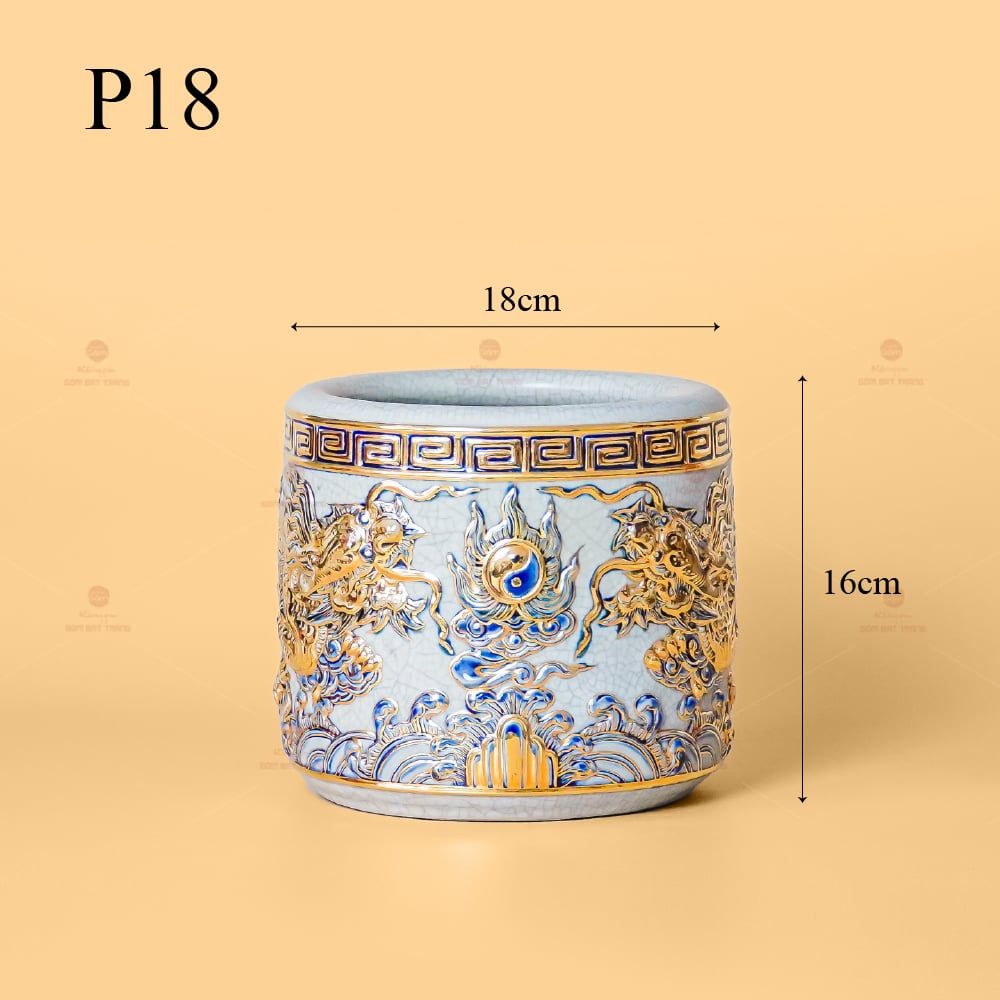 Bát Hương Men Rạn Vẽ Vàng Họa Tiết Song Long Chầu Nguyệt