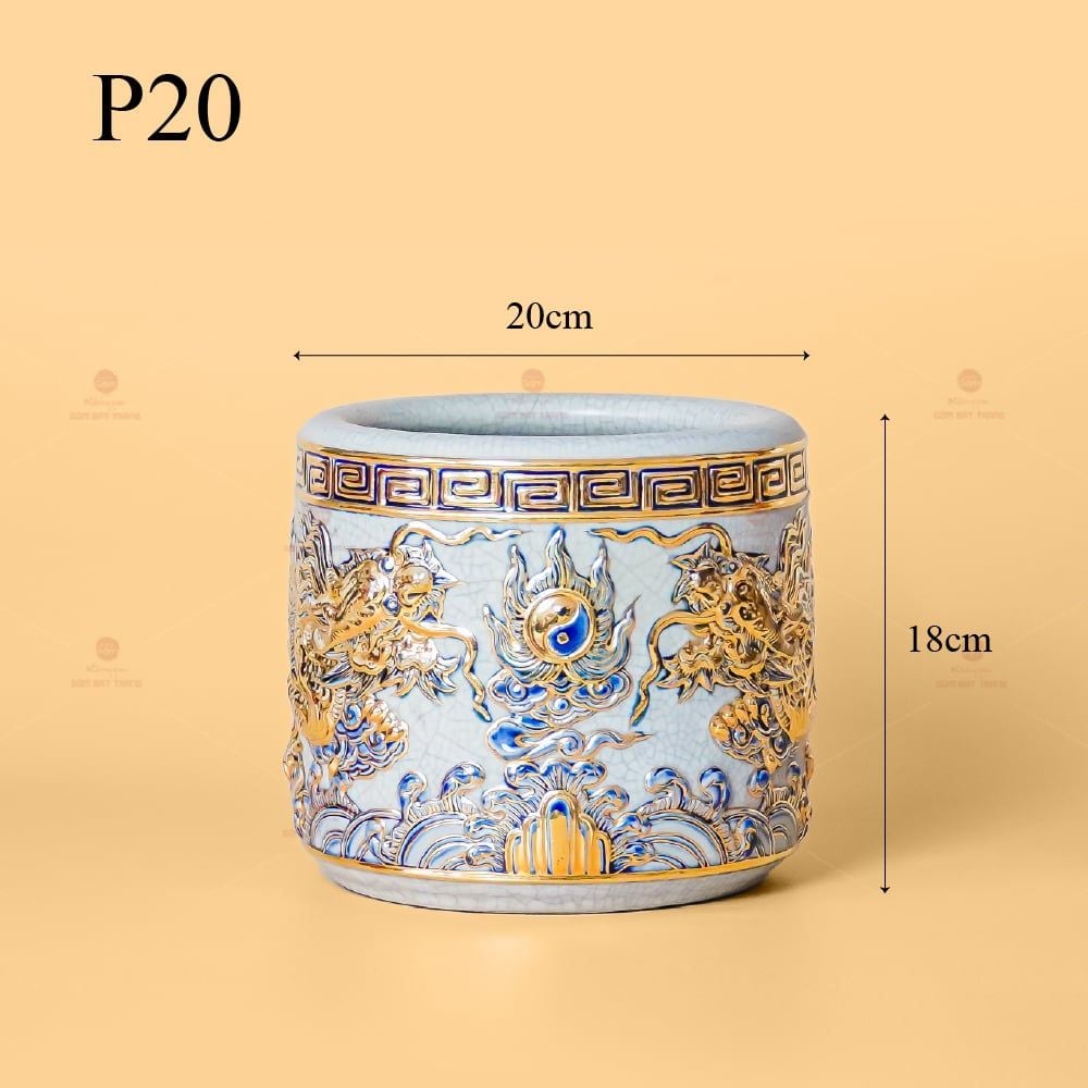 Bát Hương Men Rạn Vẽ Vàng Họa Tiết Song Long Chầu Nguyệt
