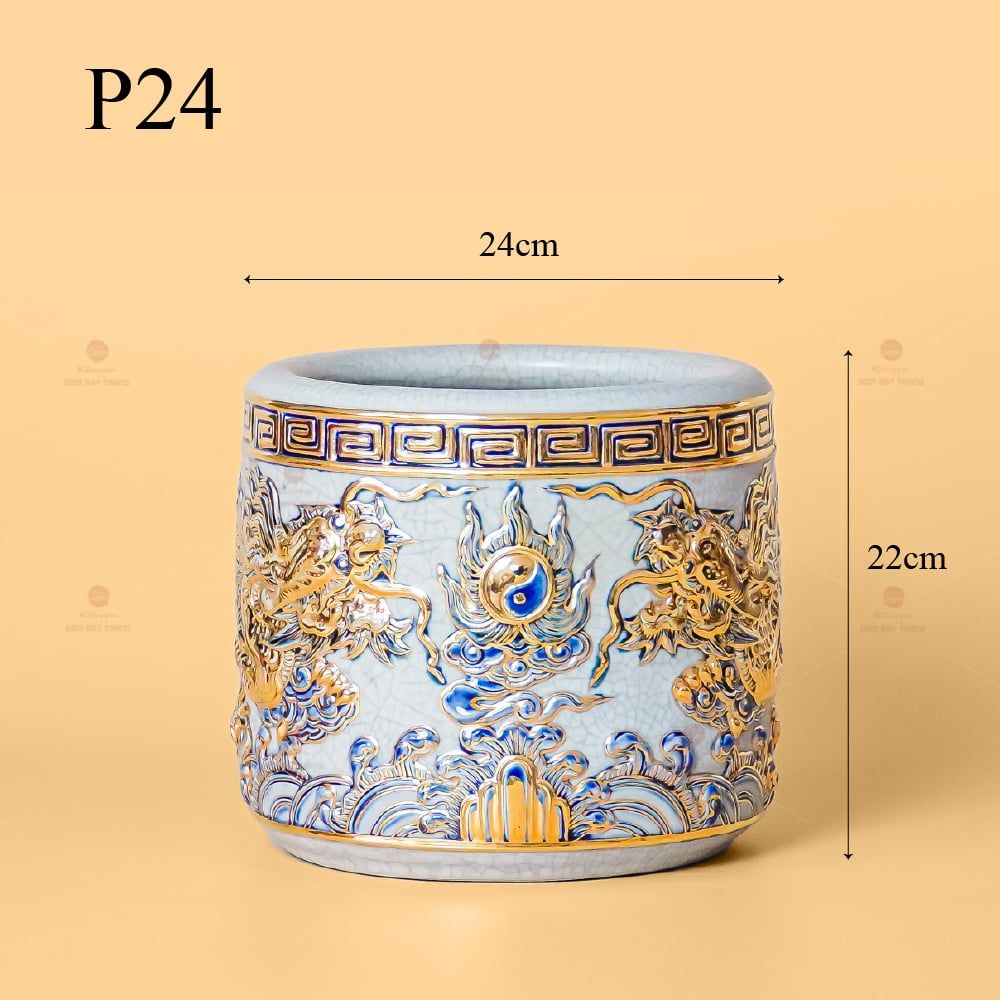 Bát Hương Men Rạn Vẽ Vàng Họa Tiết Song Long Chầu Nguyệt