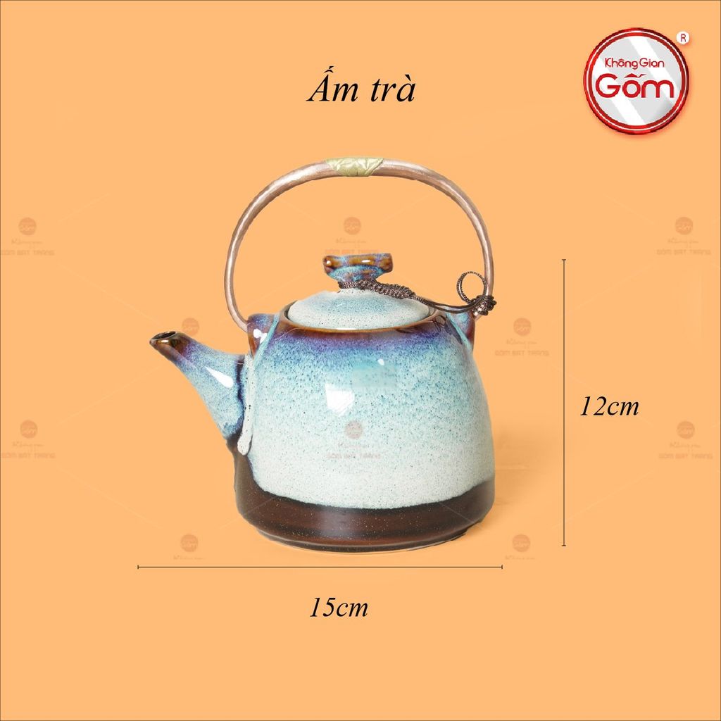 Bộ Ấm Chén Siêu Men Hỏa Biến Trắng Xanh Lòng Hoa
