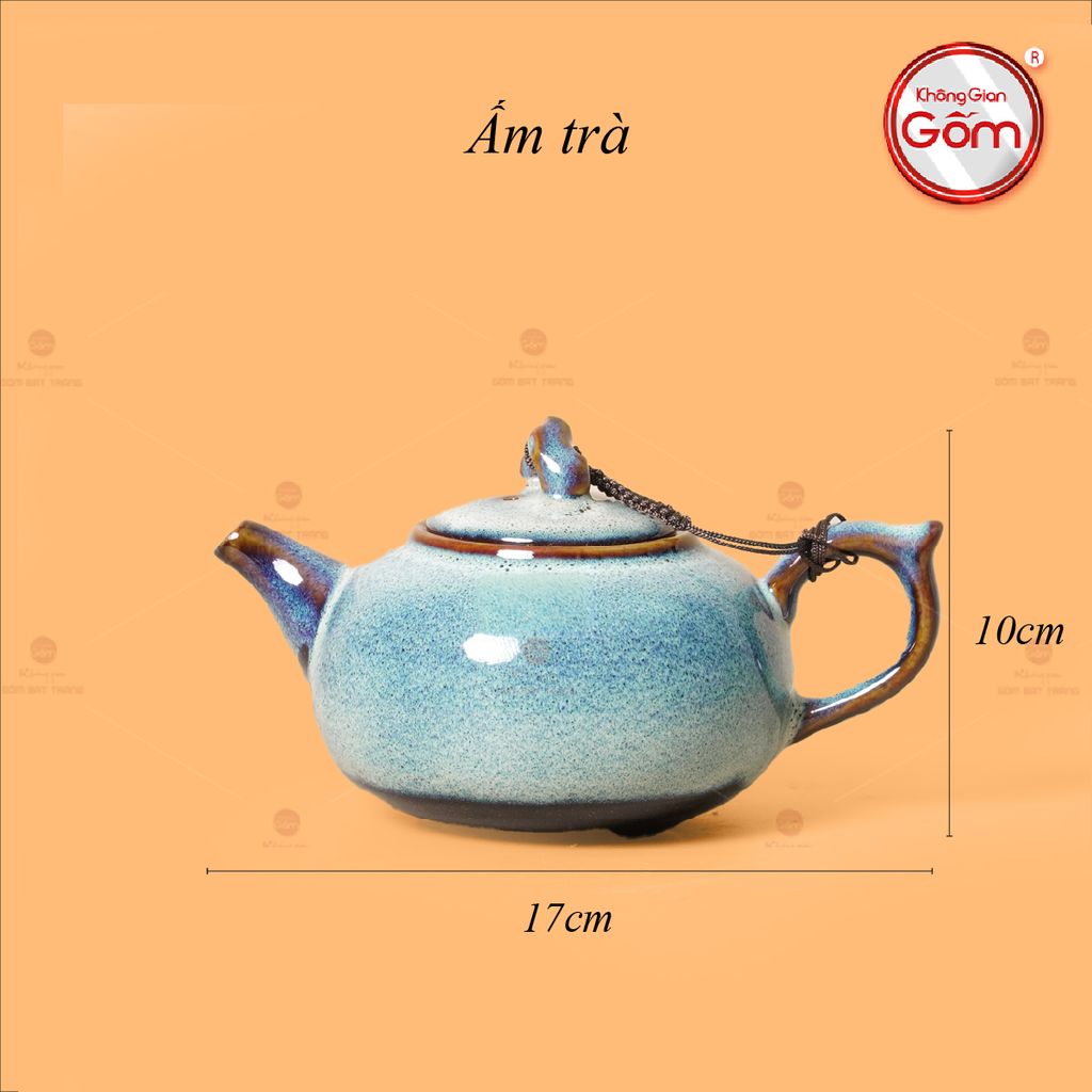 Bộ Ấm Chén Men Hỏa Biến Trắng Xanh Quả Hồng