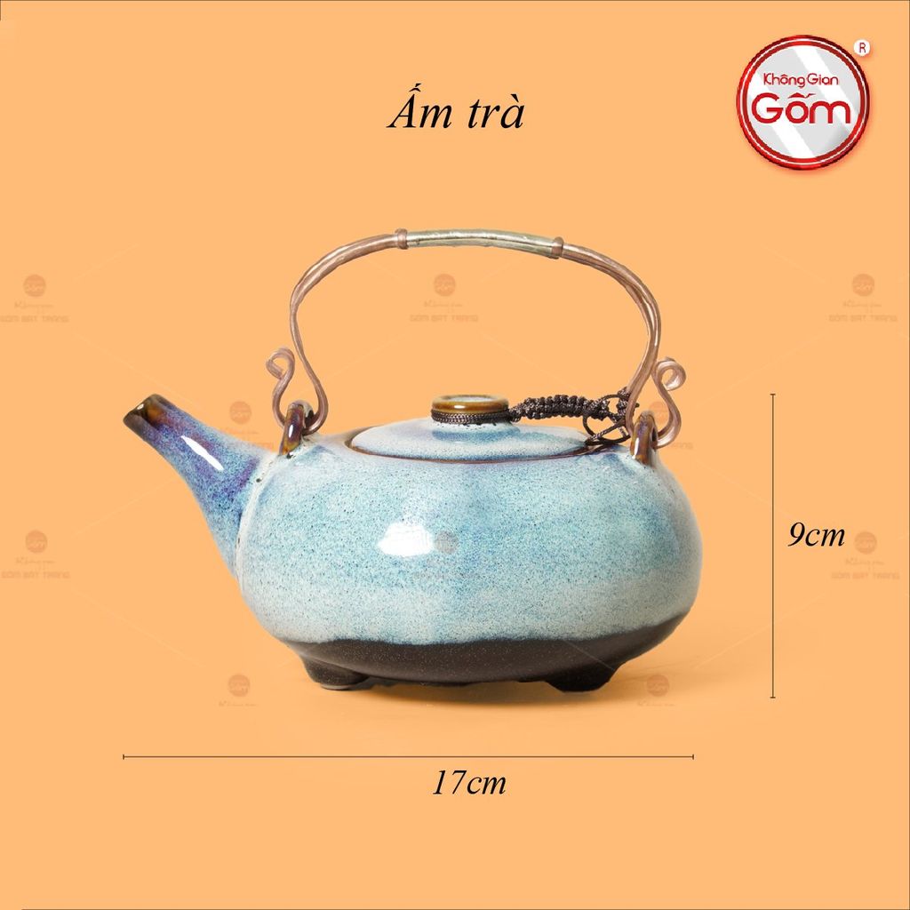 Bộ Ấm Chén Giang Tây Men Hỏa Biến Trắng Xanh