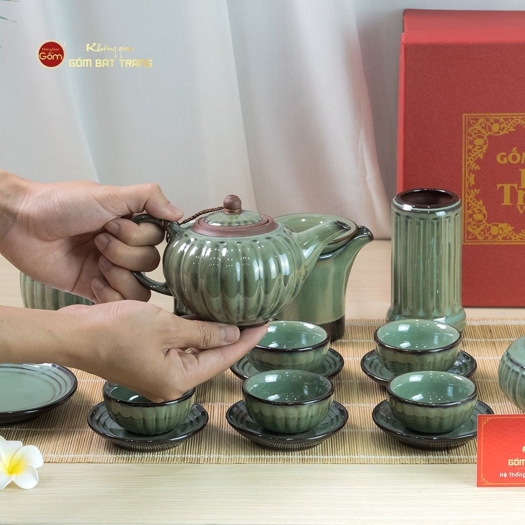 Bộ Ấm Chén Tròn Múi Xanh Ngọc