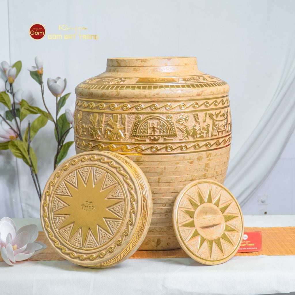 Chum Trống Đồng Kim Sa Chạm Nổi Dát Vàng