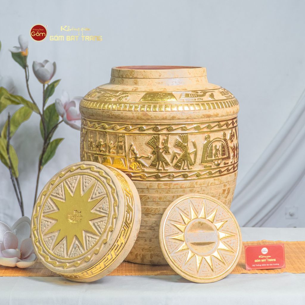 Chum Trống Đồng Kim Sa Chạm Nổi Dát Vàng