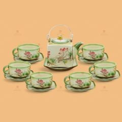 Bộ trà ấm vuông quai đồng men ngọc hồng liên vẽ tay