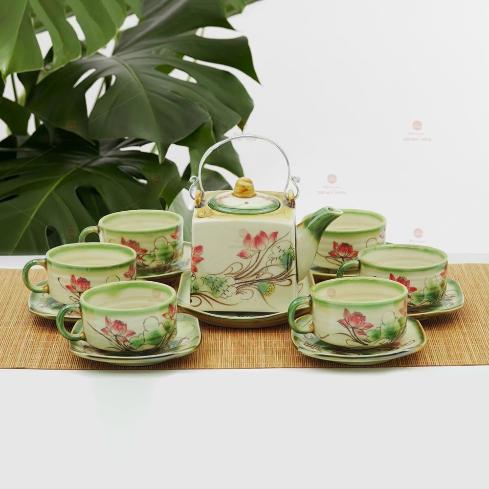 Bộ trà ấm vuông quai đồng men ngọc hồng liên vẽ tay