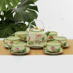 Bộ trà ấm vuông quai đồng men ngọc hồng liên vẽ tay