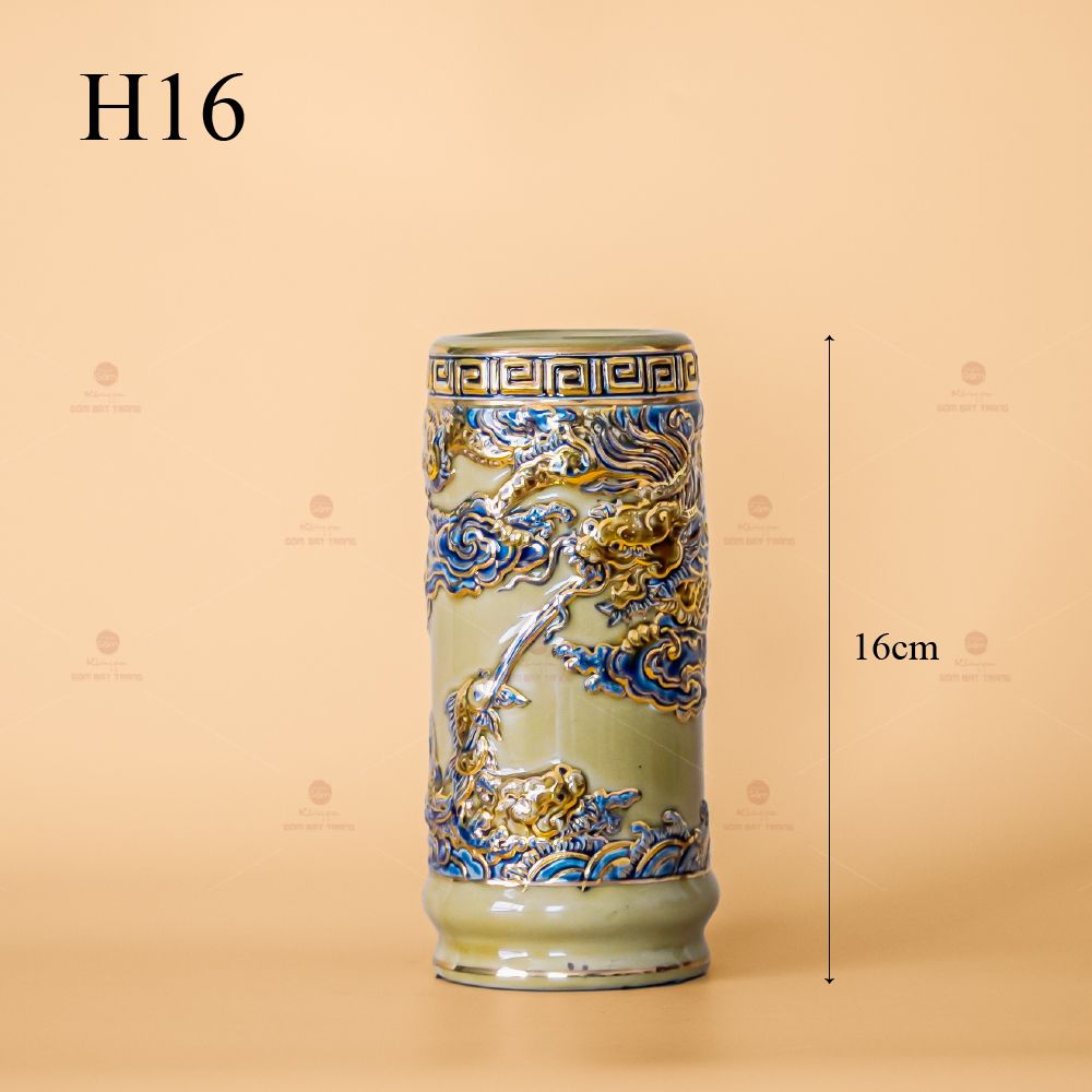 Ống Hương Men Hoàng Tộc Vẽ Vàng Họa Tiết Cá Chép Hóa Rồng