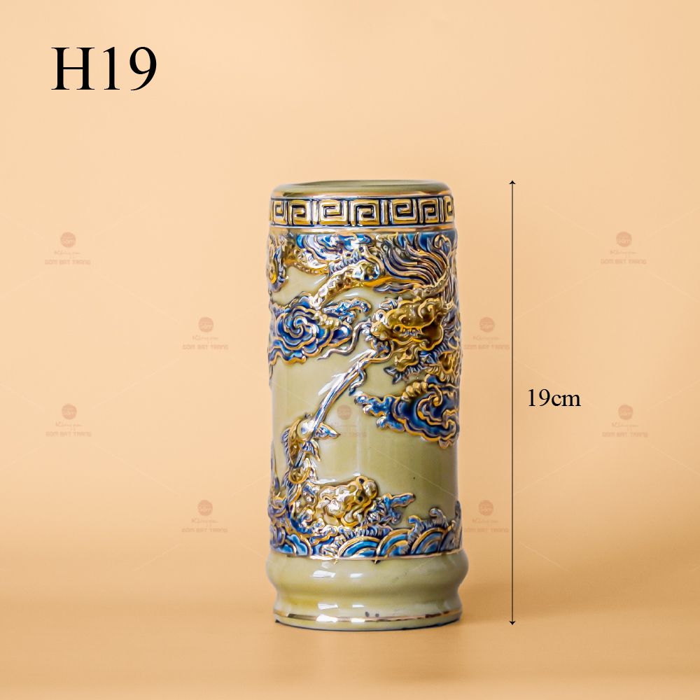 Ống Hương Men Hoàng Tộc Vẽ Vàng Họa Tiết Cá Chép Hóa Rồng