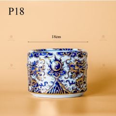 Bát Hương Song Long Chầu Nguyệt Men Lam Nổi Vẽ Vàng Kim