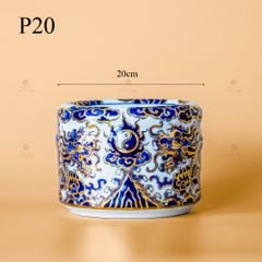 Bát Hương Song Long Chầu Nguyệt Men Lam Nổi Vẽ Vàng Kim