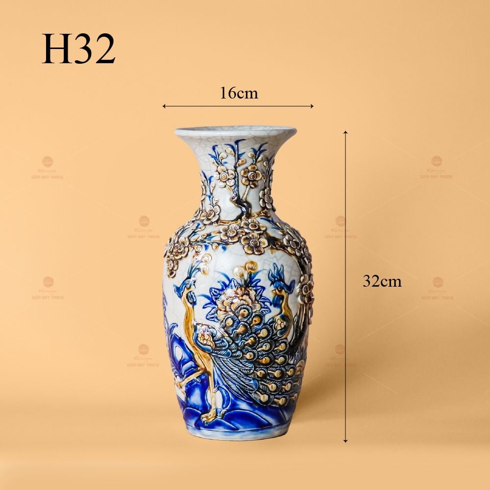 Lọ Hoa Thờ Men Rạn Nổi Họa Tiết Công Đào