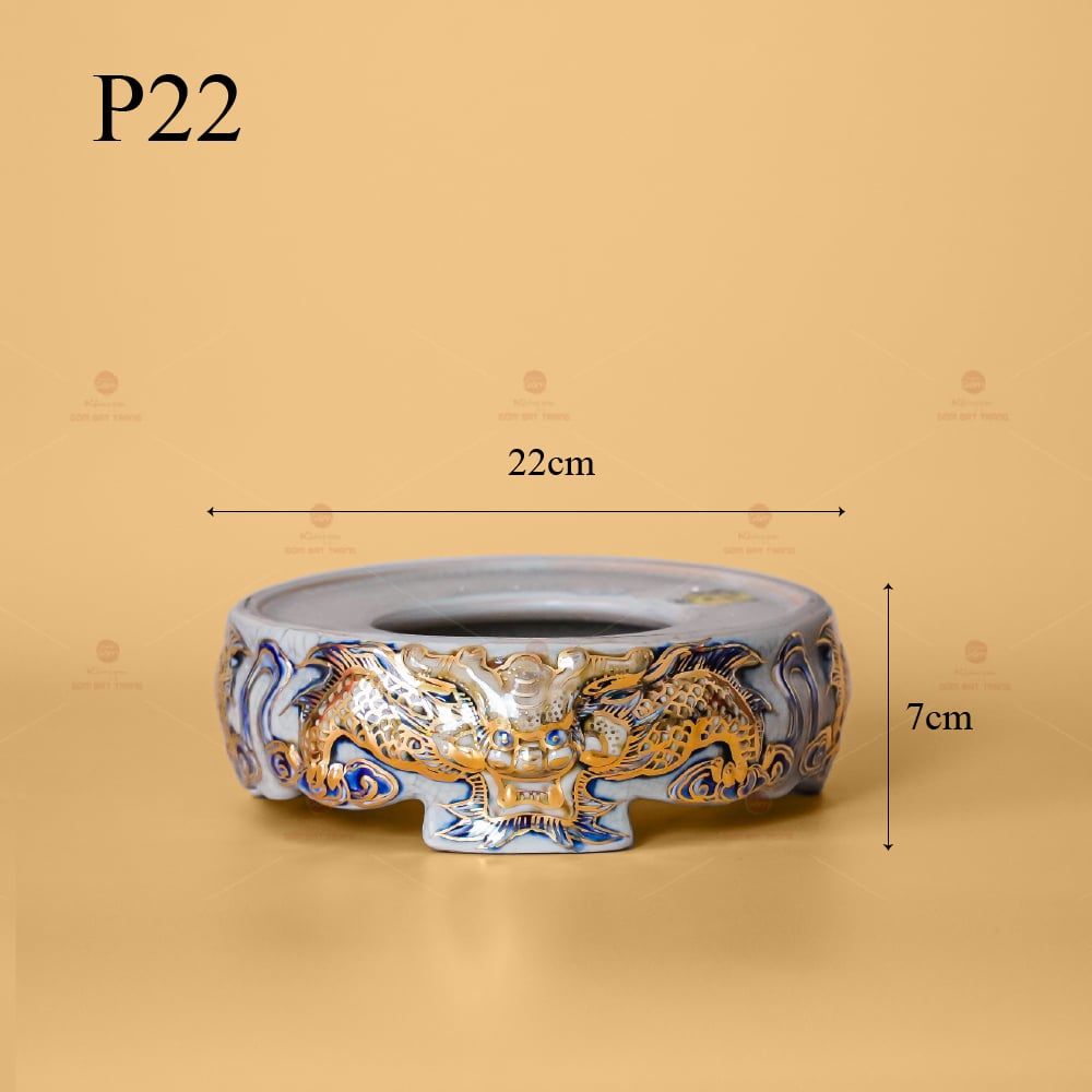 Đế Bát Hương Men Rạn Vẽ Vàng Họa Tiết Kim Long Đẳng Vân