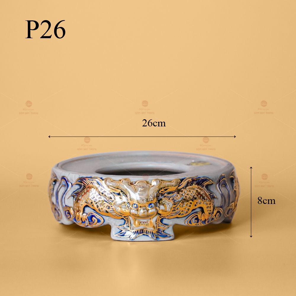 Đế Bát Hương Men Rạn Vẽ Vàng Họa Tiết Kim Long Đẳng Vân